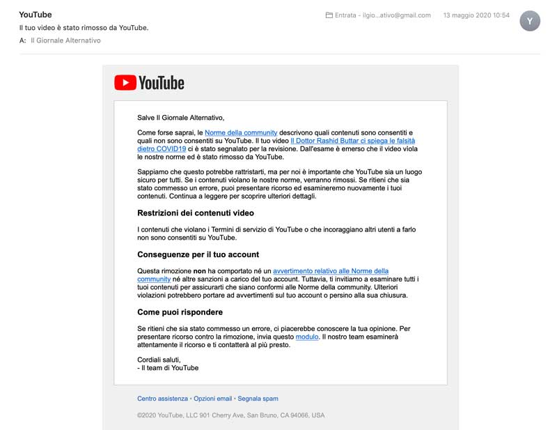 email ricevuta da youtube dopo la censura di un video